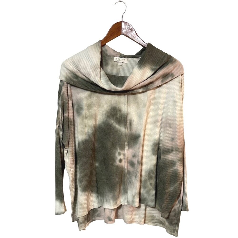 Status Cowl Neck Oversized ribbed knit XS Split hem tunic green cream‎ blush